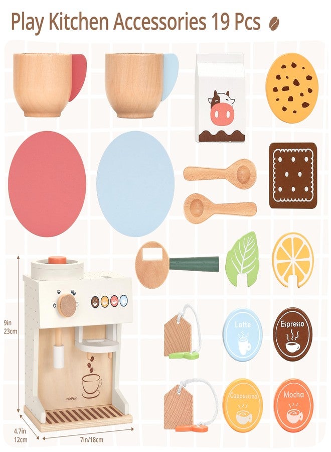 PairPear Wooden Espresso Coffee Maker Toy 18 Piece Barista Role Play Set with Pods, Cups & Cookies, Montessori Pretend Kitchen Accessory Gift for Toddlers & Kids Ages 3+ - Image 3